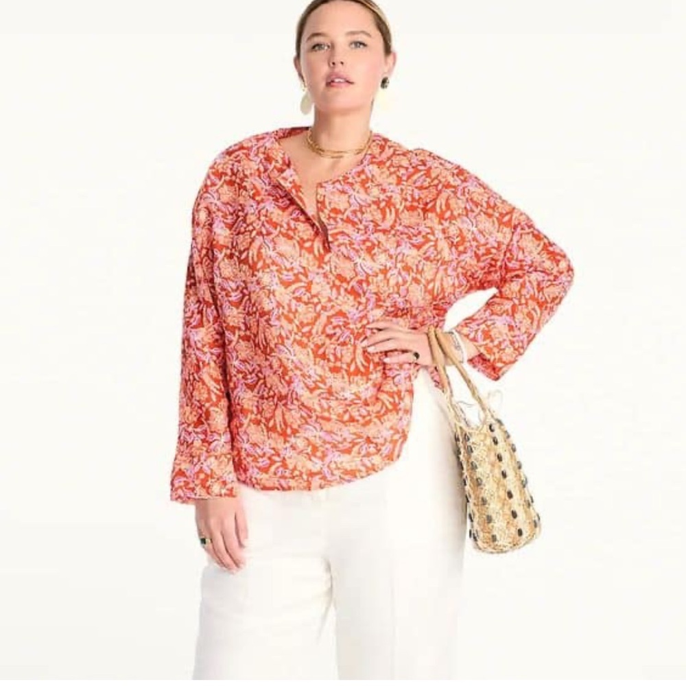 J Crew Long-sleeve ramie tunic top in painted block print size xl